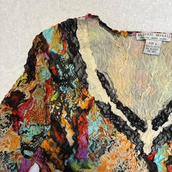Y2K Alberto Makali Y2K Multi-color Tiered Lace Layered V-neck Crinkle Blouse L - Picture 3 of 7